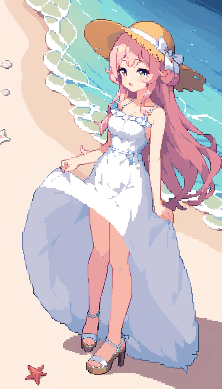 masterpiece, Highest quality, 8k, Pixel art, Pixel art, Vivid, \((One person, Sheep)), (young woman, Open your mouth, Fluffy hair, Long Hair, sheepの毛のような髪, Pink Hair, eyebrow, 太いeyebrow, White dress, Straw hat, High heel sandals\), (Highest quality:1.0), (\Seaside, Sandy Beach, evening\), sheep