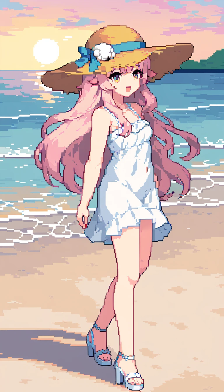 masterpiece, Highest quality, 8k, Pixel art, Pixel art, Vivid, \((One person, Sheep)), (young woman, Open your mouth, Fluffy hair, Long Hair, sheepの毛のような髪, Pink Hair, eyebrow, 太いeyebrow, White dress, Straw hat, High heel sandals\), (Highest quality:1.0), (\Seaside, Sandy Beach, evening\), sheep