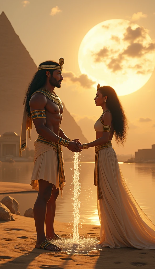 Create a scene where Shu and Tefnut interact in Egyptian mythology, symbolizing the balance of air and moisture. Shu is depicted with a strong, protective stance, holding up the sky, while Tefnut is beside him, gently guiding the flow of water to the earth. Both are dressed in traditional Egyptian clothing with symbolic jewelry, and their expressions show mutual respect and harmony. The background features the Egyptian desert meeting the fertile Nile, with ancient temples in the distance. Use masterpiece, best quality, CG, wallpaper, HDR, high quality, ultra detailed face, cinematic, high detail, 8k, raw, high, artstation HQ, unreal engine, octane renderer, 4k resolution, hyperrealistic, highly detailed, and absurdres settings