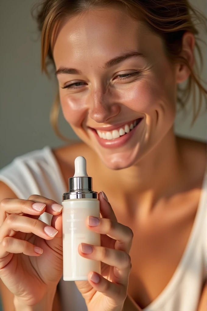 - A close-up view of the user holding a bottle of L'Oréal Paris Revitalift Filler Hyaluronic Acid Serum while beaming with focus on her skin. ----Key quotes from the testimonial highlighted with text overlays.