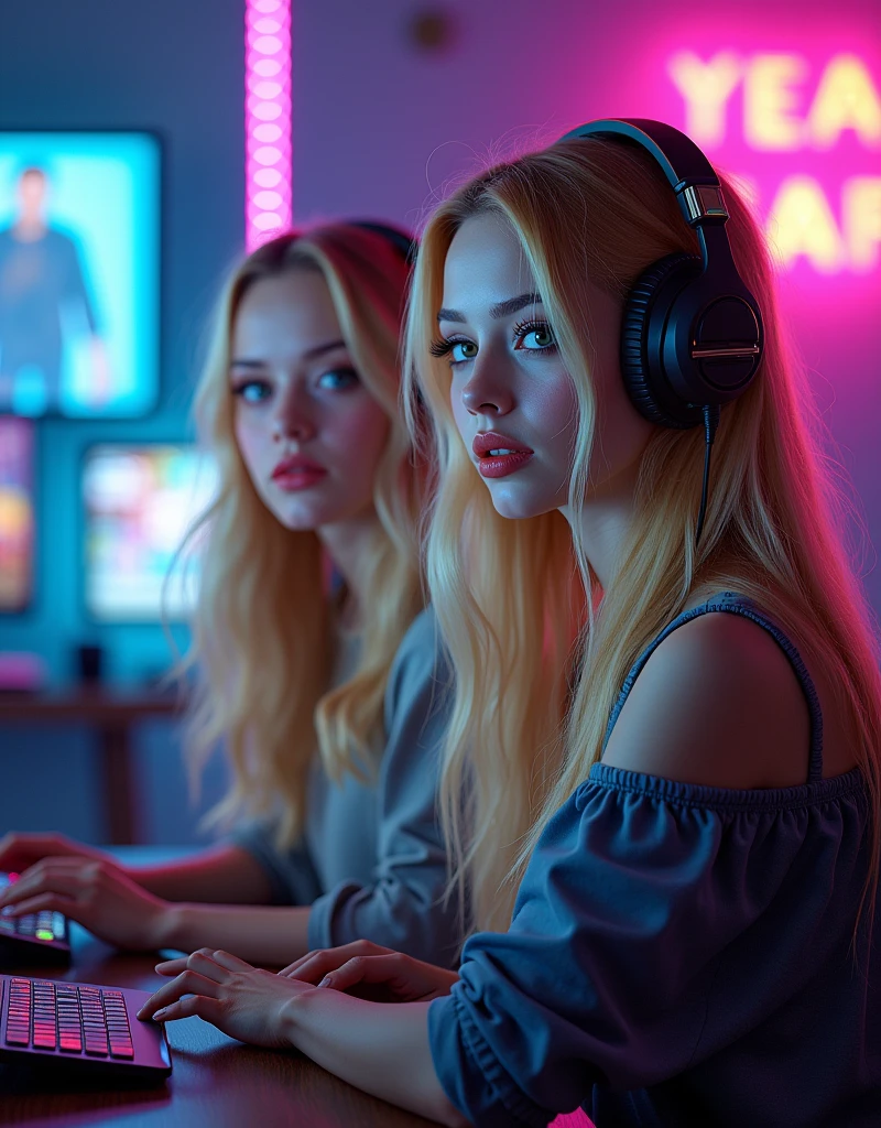 (((best qualityer))), highly detailed, high resolution. 2 female, blondie hair, clear green eyes, fleshy lips, heavy make-up,
A young woman with long, Flying hair, wearing a stylish gaming headset and comfortable clothing, sitting at a table in front of a gaming PC. The PC is lit with neon lights, And the woman is smiling while playing her favorite video game.