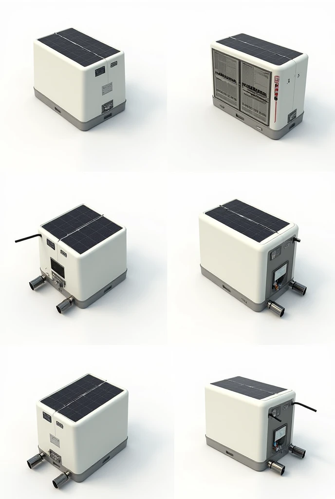 illustration of solar-powered pesticide sprayers with front view, top view, left side view, right side view, back view, upper left view