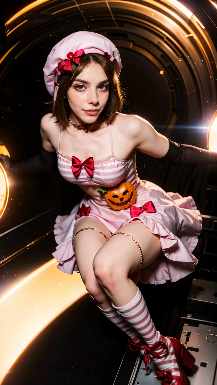 (1 lady), The beautiful, (Best quality at best:1.4), (ultra - detailed), (extremely detailed CG unified 16k), gold blonde hair, very detailed, High-definition RAW color photo, professional photoshooting, amazing face and eyes, cosmetics, (amazingly beautiful girl), ((lambdadelta, taller, tall woman, Bethcast)), ((dress, shoes bow, red shoes, striped stockings, red bow, pink hat, necklace, gloves, pearl, pumpkin brooch, pink dress)), levitating in a cute posture (floating in the air), (She's levitating in a cosmic sea, outer space:1.3, quantum hyperspace room lacking walls, hyperspace chamber, extremely detailed background, a lot of details background, realistic background), (look from above), realistic cinematic face, head to feet long wide zoomed out view, full body long view, photorealistic, ((realistic natural blonde hair style, golden hair: 1, red eyes)), gorgeous, extremely beautiful face, perfect model beauty, amazingly beautiful smile, her smile is emotive and full of joy, her teeth are visible, Highly Detailed Face and Skin Texture, Detailed Eyes, Double Eyelids, Small Breasts, Persistent Stare, Faith Trance, (mystical stare, looking eternity), (masterpiece), best quality, high resolution, depth of field, cinematic lighting, amazing legs, pink combat boots, clear and well-cared skin, add details:1.4