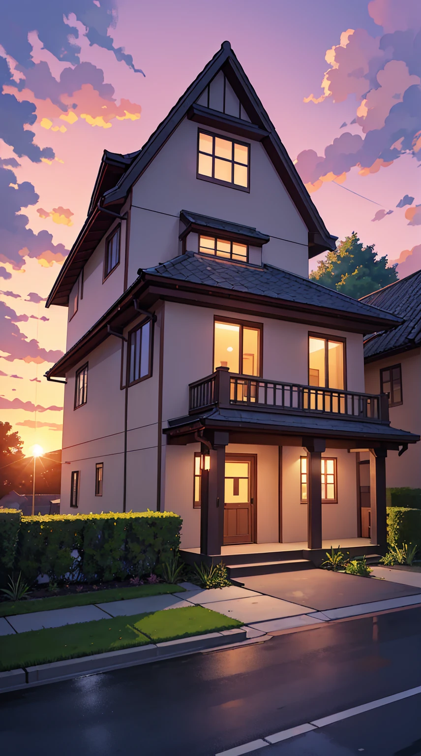 The image is a digital illustration of a beautiful sunset over a house. The sky is filled with vibrant colors of orange, pink, and purple, with the sun setting in the background. The house is a two-story building with a sloping roof and a chimney. It is surrounded by trees and bushes, and there is a driveway leading up to the entrance. A car is parked in front of the house, and a street lamp is visible on the right side of the image. The overall mood of the illustration is peaceful and serene.