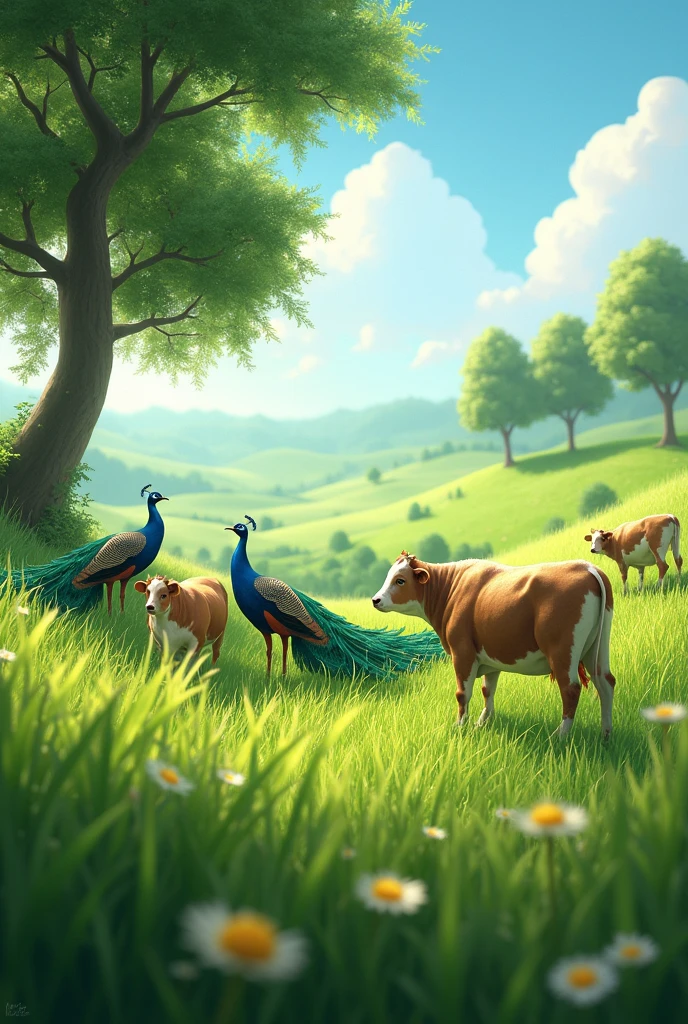 Green grass land with trees, small cows and peacocks 