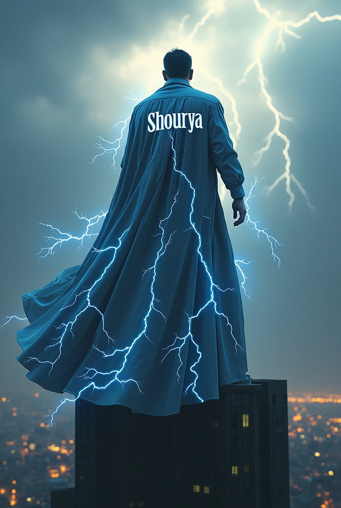 A man standing on the top of the building with a lightning dress, in dress it should be written Shourya at the back of the dress