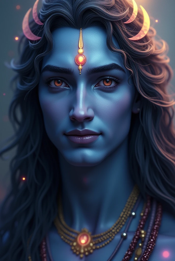 A close-up, half-body view of Lord Shiva with a humanized yet divine appearance. His face is calm and serene, exuding wisdom and power. The details include a crescent moon in his hair, the flowing Ganga, and a subtle glow from his third eye. Shiva’s expression is compassionate, with his long hair gently flowing. The background is soft and blurred with a blend of deep blue, purple, and golden tones to keep the attention on Shiva’s face. The overall vibe is spiritual and uplifting, with a touch of realism and divine energy.
