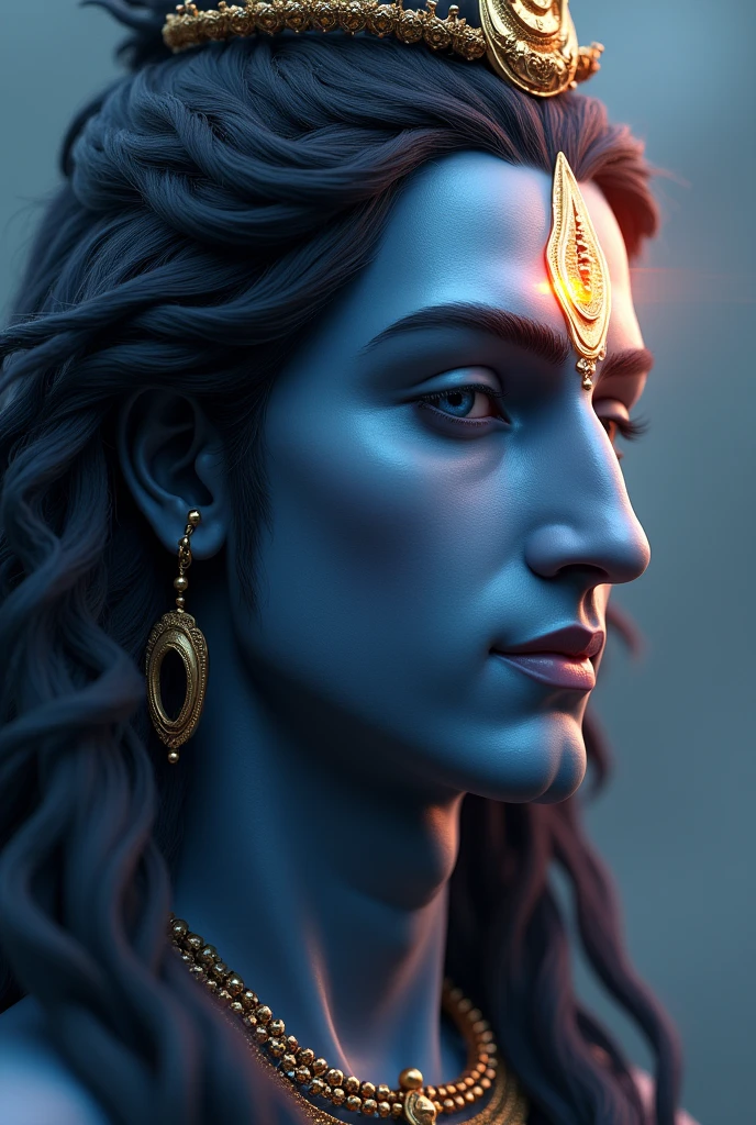 A close-up, half-body view of Lord Shiva with a humanized yet divine appearance. His face is calm and serene, exuding wisdom and power. The details include a crescent moon in his hair, the flowing Ganga, and a subtle glow from his third eye. Shiva’s expression is compassionate, with his long hair gently flowing. The background is soft and blurred with a blend of deep blue, purple, and golden tones to keep the attention on Shiva’s face. The overall vibe is spiritual and uplifting, with a touch of realism and divine energy.