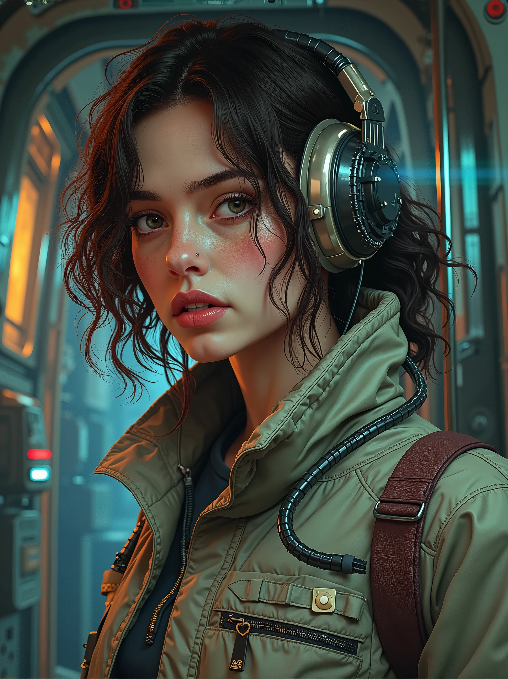 cinematic neon punk portrait of 24 yo [Sigourney Weaver:Kaya Scodelario:0.55] as Ellen Ripley walking cautiously slilent in her Starship Cargo, terrified by Xenomorph onboard, Cyberpunk Starship cargo, Starship alley, intricate, sophisticated, highly detailed, intricate, digital painting, artstation, concept art, smooth, sharp focus, hyper photorealistic illustration, art by Don Lawrence and Frank Bellamy and alphonse mucha, 32k,