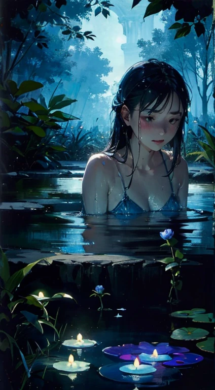 masterpiece, best quality, ultra detailed, a girl taking a bath in a glowing pond, wet, glowing blue color, ghost, spirit, spiritual, blue fireflies, nature