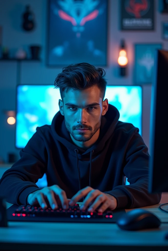 A handsome 2 young man is looking directly at the camera from a frontal perspective in a dark gaming room. The environment is illuminated by soft blue LED lights, casting a cool glow around him. He is sitting at a sleek gaming desk filled with high-tech equipment, including a gaming monitor, keyboard, and mouse. The background features various gaming posters and futuristic decor, enhancing the immersive atmosphere of the space. His expression is focused and engaged, reflecting the intensity of his gaming experience.
