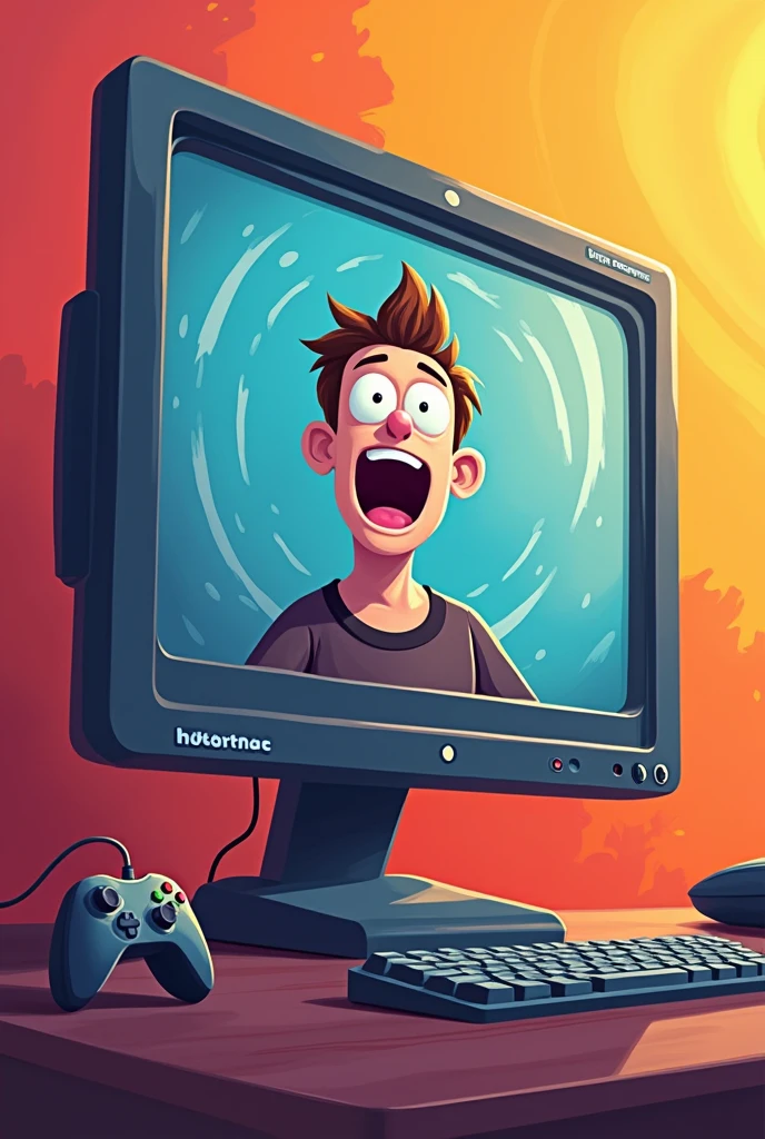"A dynamic, eye-catching thumbnail featuring a computer screen with a subtle spinning motion effect, as if the screen is rotating mid-air. In the foreground, there is a surprised or excited face reacting to the spinning screen, with wide eyes and an open mouth. The background is bright and vibrant, with a mix of red, yellow, and blue hues to grab attention. A small, iconic video game controller is subtly placed near the spinning screen to hint at the gaming reference. The overall mood is energetic and playful, designed to intrigue viewers.