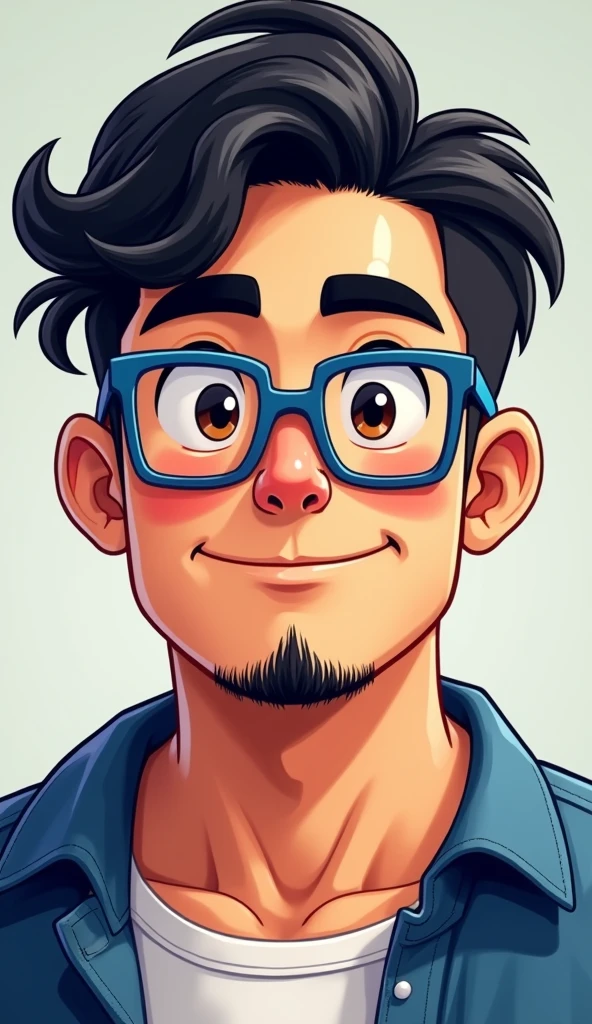 I am a man with short, black, wavy hair with an American cut., with very black eyebrows, with a round face and a little cheeks, lips a little thick, I wear blue framed glasses with square lenses. I'm 2 and I like games, thin black mustache and beard. In a kind of Asian style, just the eyes, I don't wear earrings. I'm a little strong and a little full.
Do it in a Games style