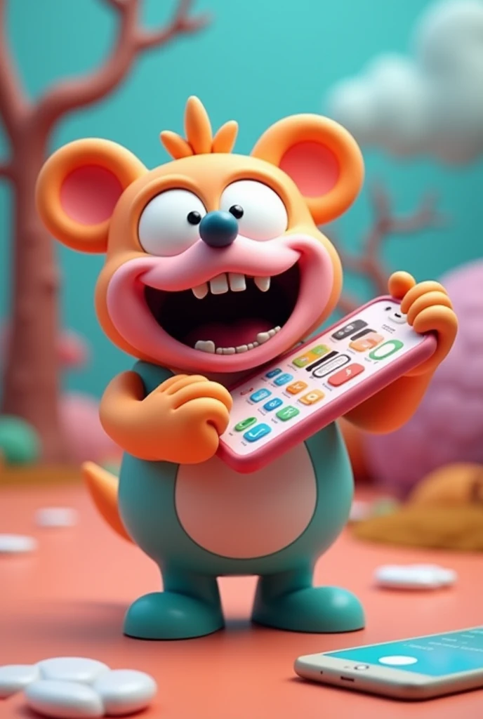 3d Cartoon eating Mobile Phone
