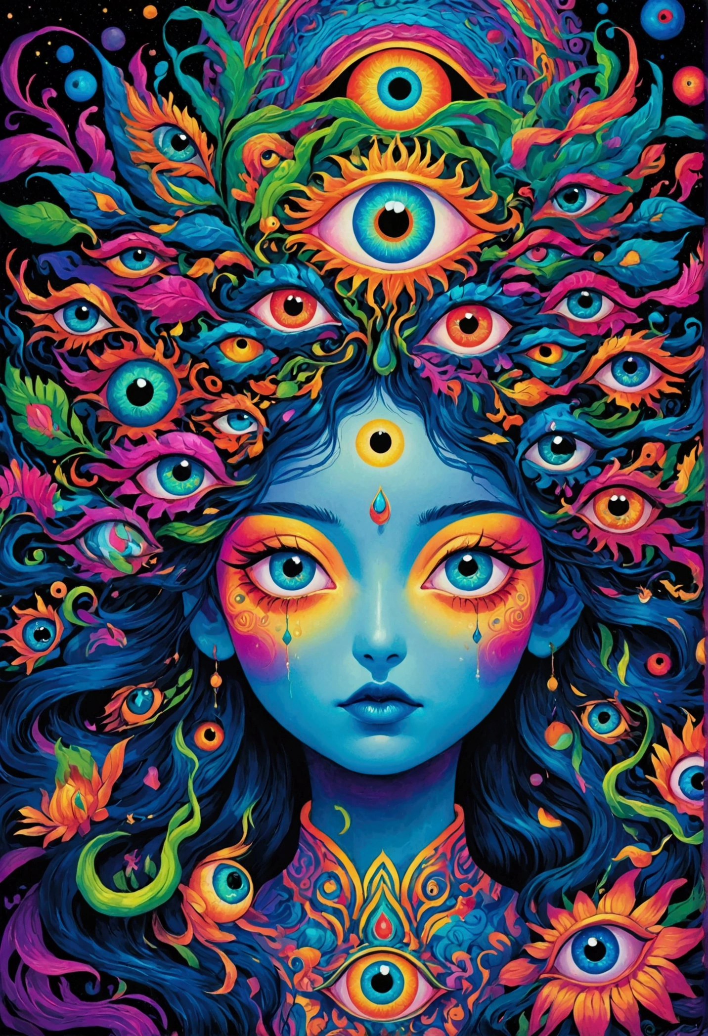 A colorful painting of eyes,There are many different colored eyes on it, Complex artwork. Neon eyes, Very detailed and hypnotic, Highly detailed fantasy art, Psychedelic超现实主义艺术, Fantasy painting, Psychedelic, Visionary Art Style, Psychedelic艺术, Ultra-detailed fantasy art, Ultra-detailed fantasy art, Psychedelic艺术, Psychedelic艺术 style, Psychedelic超现实主义视觉艺术, eyeballs intricated
