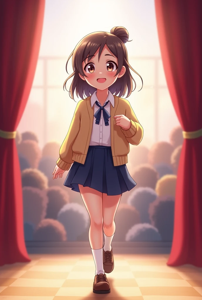 Girl walking up on stage happy (cartoon) school uniform (one bun hair) close up