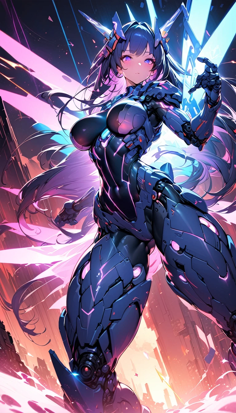 best quality,4k,8k,highres,masterpiece:1.2),ultra-detailed, extremely detailed eyes, extremely detailed body, (large masterpiece digital art), (detailed manga illustration), (detailed line art), ((perfect anatomy)), high quality, expressive eyes, full body, tall girl, detailed face, beautiful face, perfect face, breasts, cleavage, gloves, A photograph of mid-twenties Japanese female android made of shiny white and silver translucent glass and plastic, geisha makeup and hairstyle, silver metal internal body mechanisms, dynamic pose, flowing organic construction, glowing golden circuitry, colorful neon trim, glowing circuitry, neon trim, depth of field focus f/2.8, art by H.R. Giger, Greg Rutowski, bodysuit, thick thighs, toned, emblem, cinematic lighting, dynamic lighting, 4k resolution, dynamic pose, weapon, energy weapon, cover, mecha musume, fortified suit, mechanical parts, headgear, robot joints, bodysuit, deva battle suit, gloves,