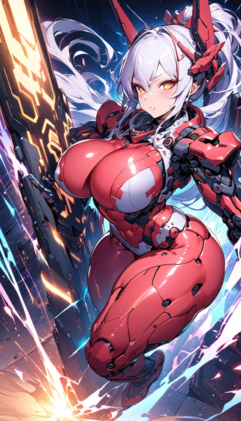 best quality,4k,8k,highres,masterpiece:1.2),ultra-detailed, extremely detailed eyes, extremely detailed body, (large masterpiece digital art), (detailed manga illustration), (detailed line art), ((perfect anatomy)), high quality, expressive eyes, full body, tall girl, detailed face, beautiful face, perfect face, breasts, cleavage, gloves, A photograph of mid-twenties Japanese female android made of shiny white and silver translucent glass and plastic, geisha makeup and hairstyle, silver metal internal body mechanisms, dynamic pose, flowing organic construction, glowing golden circuitry, colorful neon trim, glowing circuitry, neon trim, depth of field focus f/2.8, art by H.R. Giger, Greg Rutowski, bodysuit, thick thighs, toned, emblem, cinematic lighting, dynamic lighting, 4k resolution, dynamic pose, weapon, energy weapon, cover, mecha musume, fortified suit, mechanical parts, headgear, robot joints, bodysuit, deva battle suit, gloves,