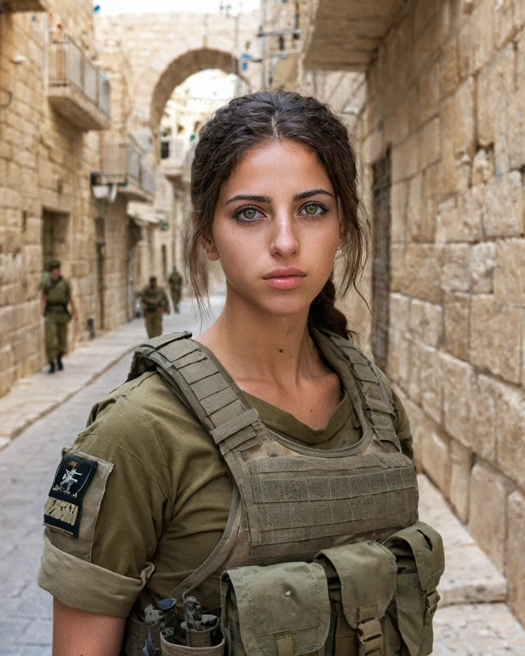 Israeli female soldier, very pretty, olive eyes, goddess body, is facing, Jerusalem street background, photographic quality, masterpiece. 