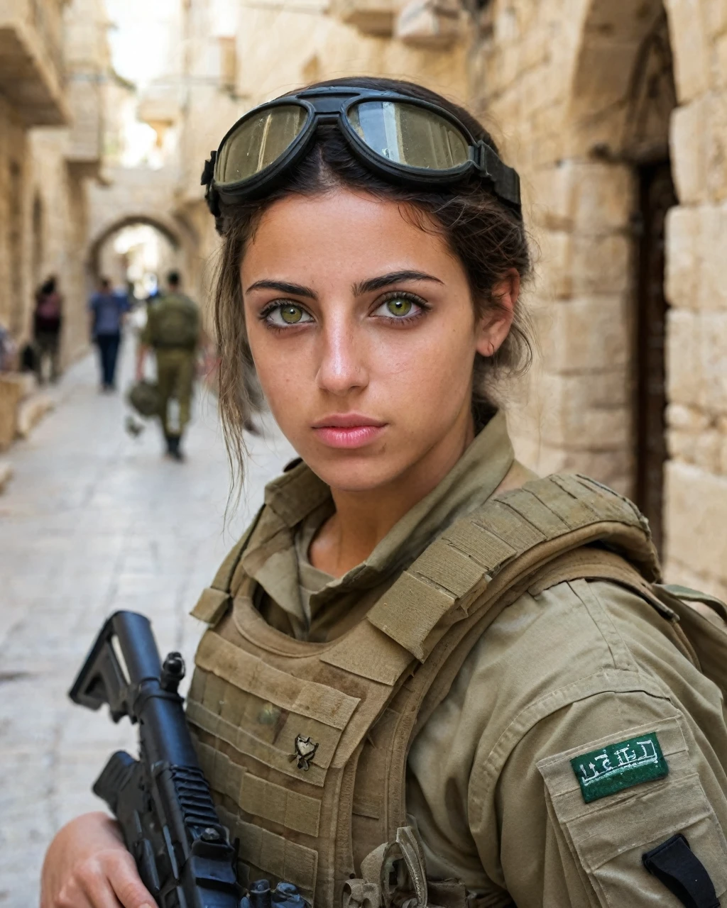 Israeli female soldier, very pretty, olive eyes, goddess body, is facing, Jerusalem street background, photographic quality, masterpiece. 