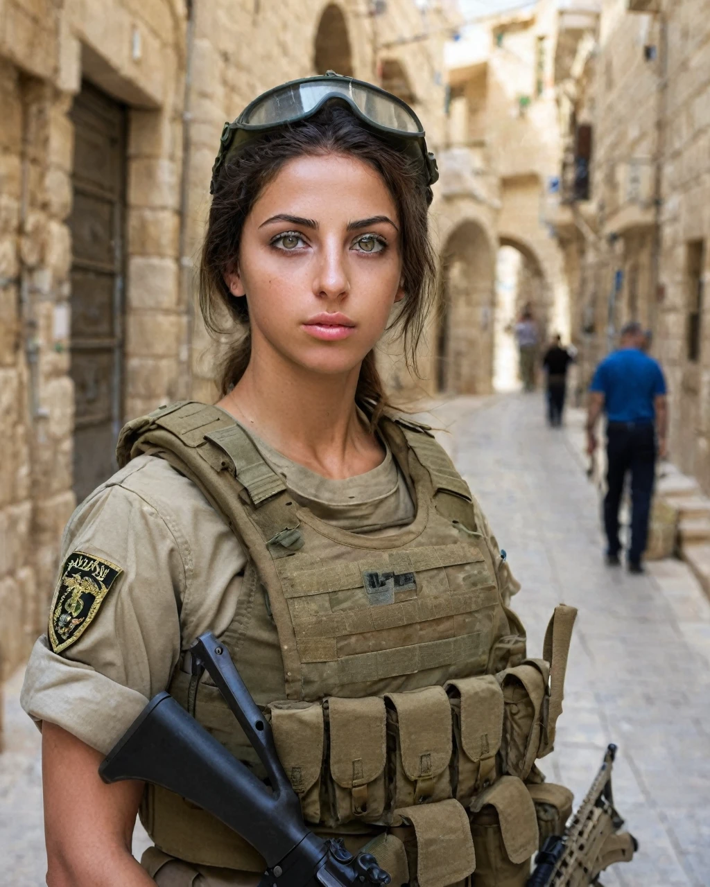 Israeli female soldier, very pretty, olive eyes, goddess body, is facing, Jerusalem street background, photographic quality, masterpiece.