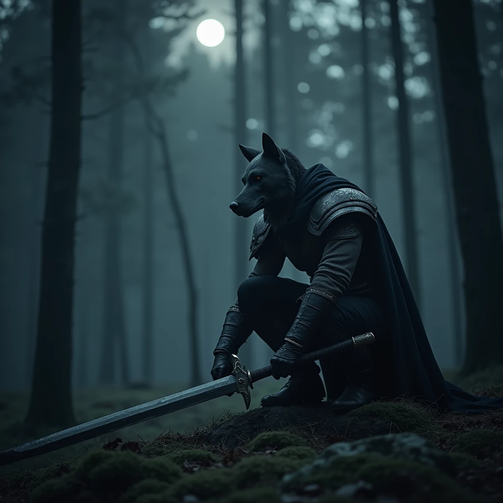 a lone warrior, wearing a wolf-headed helmet, crouching on a rock in a dark and gloomy forest, moonlight barely penetrating the treetops, holding a large sword with both hands, resting on the rock, gaze lost in the night, alert to any movement in the shadows, chiaroscuro lighting, cinematic composition, moody atmosphere, dramatic lighting, detailed armor, textured clothing, gritty realism, muted color palette, (best quality,4k,8k,highres,masterpiece:1.2),ultra-detailed,(realistic,photorealistic,photo-realistic:1.37)