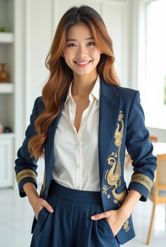 Flattery 8k
(Model)Thai women are confident and beautiful.++,
Chom's body has long, beautiful, golden brown hair and a sharp, beautiful face.
, Luxurious formal sports fashion, Modern Thai-inspired design,
Wear a blazer with a white shirt underneath.(The Rattle)+++ Blue White ,Beautiful stork in Thai style
+Pleated skirt reflects modern life. White background inspired by Thainess ‹ and smile. Straight pose shows confidence and determination. Turn your back and look at the camera. Hands on hips. Smile confidently. Look straight at the camera. (Highly detailed) (Very realistic) ++ Realistic 8k smile a lot