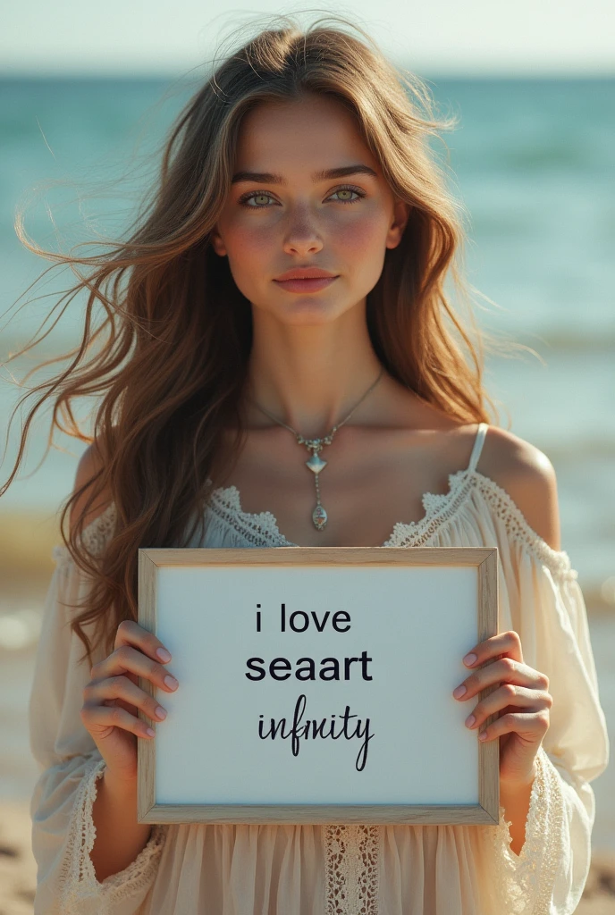 Beautiful girl with wavy long hair, bohemian dress, holding a white board with text "I Love Seaart Infinity" and showing it to the viewer