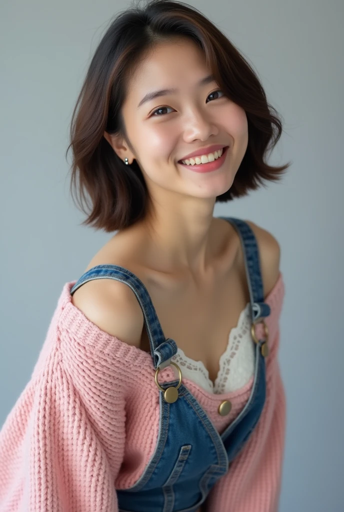 ((Highest quality, 8k, Portraiture: 1.3)), (Viewer Display), Photographic realism, Sharp focus, alone, A very beautiful Japanese office lady、Denim mini skirt、( pink loose v-neck sweater)、off shoulder, White lace bra、evil grin、smiling at viewer、short hair、Gray background、Leaning forward、Front Light、Bend your body,front,top-down view、down blouse, ((Cleavage)),