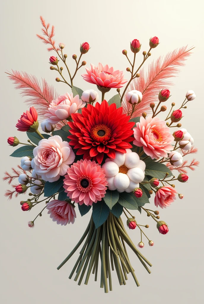 A bouquet of flowers that has many panicles and cotton flowers with a red chrysanthemum in the center
