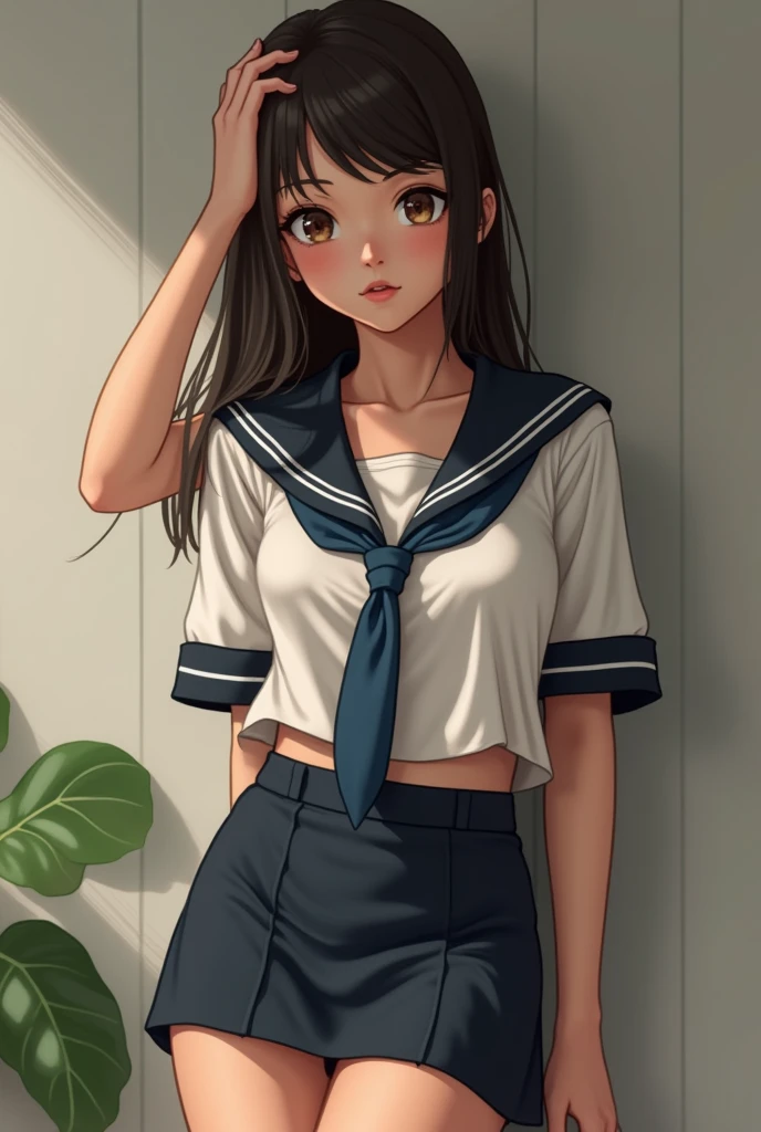 high quality, 8K Ultra HD, A girl,  small chest, sexy pose, big eyes, baby face, with a scolar uniform, mini skirt, cum in her face. Nude , naked