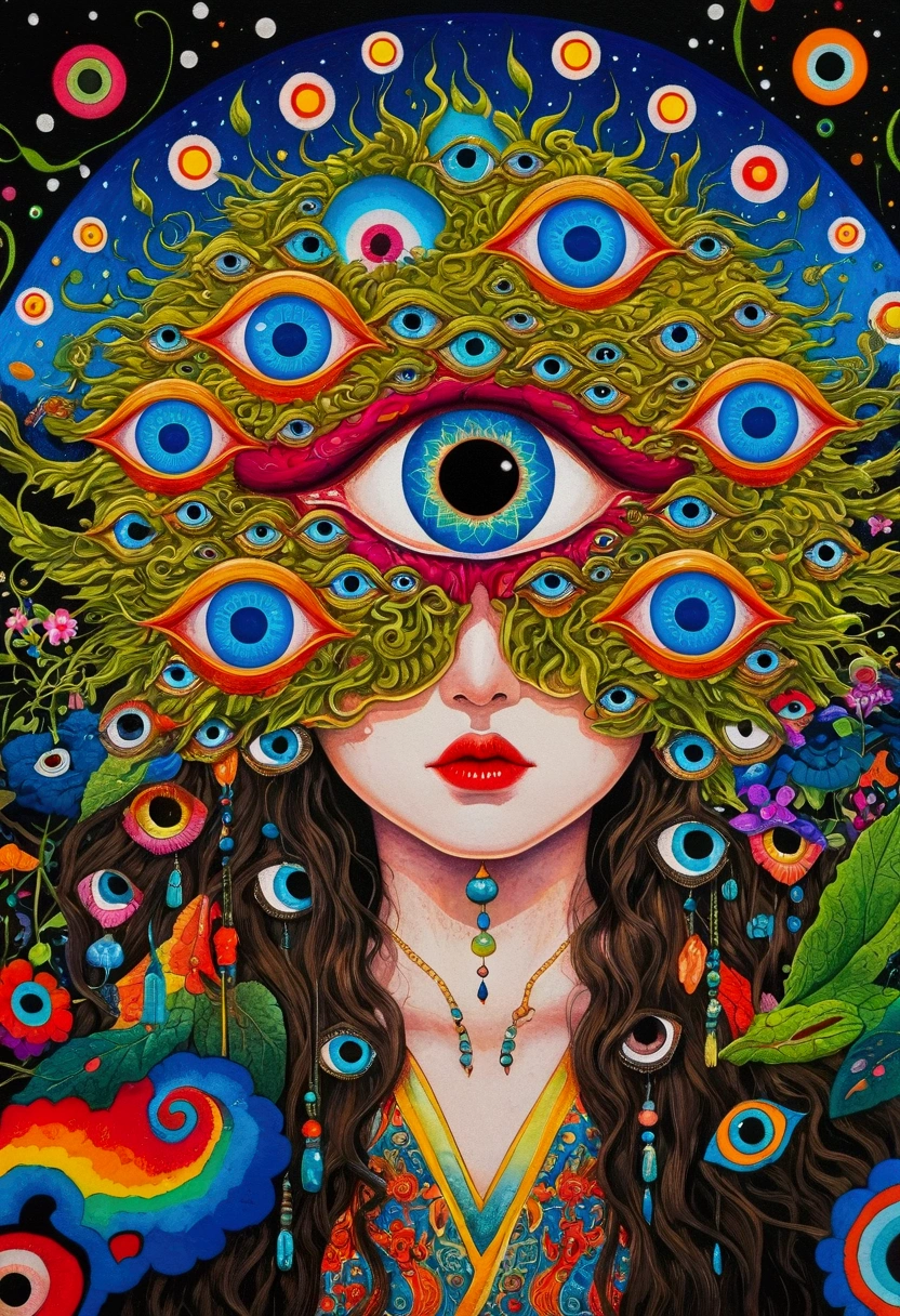 A painting,A colorful eye,There are many different colored eyes on it, Graffiti Art Inspired by Takashi Murakami, Popular trends on pixabay, Psychedelic艺术, Complex artwork. Neon eyes, Very detailed and hypnotic, Highly detailed fantasy art, Psychedelic超现实主义艺术, Psychedelic, Fantasy painting, Visionary Art Style, Psychedelic艺术, Ultra-detailed fantasy art, Ultra-detailed fantasy art