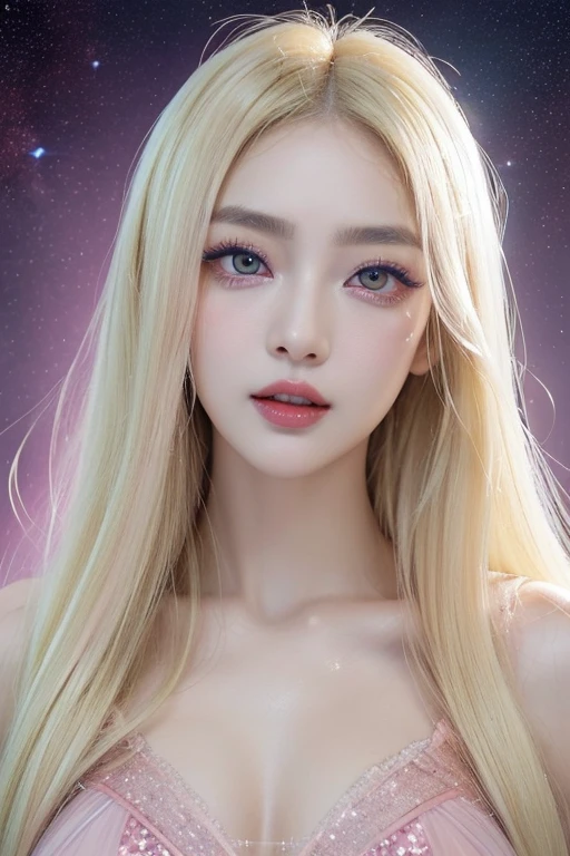 Very cute, blond, A big smile, red rose, A girl in her 20s, 1. Goddess Athena, fair, The flawless face of the goddess Athena, Beautifully yellow nightgown, Lots of sexy black lace details、Long-term sheer sequined nightgown, fair淡紅色真絲半頭紗, The legend of the female saint, female saint icon, fair goddess-like glitter, Dark Mystery Version, Red lips, Plump red lips, ((口をclose:0.9)), complete teeth, Symmetrical incisors, bright white teeth, ((angry face:0.8)), Beautifully and beautiful pino detailing, Beautifully and beautiful lip detail, (Pure and perfect face: 1.9), Feminine Eucharist, round chest, 大きくてround chest, Phoenix Brooch, Long-term, Flat bangs, Long-term black hair, fair, Clear face and well-proportioned eyes, (Pale pink eyes and clear irises: 1.8), (Big round eyes and makeup, sexy wet eye makeup, so beautiful、Attentive hair and makeup, long and Beautifully blonde hair, Beautifully, body image: 1.8), shape: brilliant and, (stars that make up the sky々: 1.7), (Tianmen and empty time and space: 1.8), art of imagination, original photo, Hanfu pictures, Best photos, High resolution, 最high quality, Best photos, Best goddess quality, 8k female, Super 8 single saint portrait, The most realistic color scheme, masterpiece, Best Beauty Brands, best hair jewelry, Brand real photos, Dark Studio, Frame light, Two-tone lighting, (The skin is white and red: 1.4), (High skin detail: 1.1), 8k uhd, Single eye, Soft Light, 8k, high quality, confess, Smooth and sharp volume, 10 times more pixels, Sexy goddess, Sexy goddess, (background space: 1.8), (最fair極光眼: 1.7), fair Eyes, Aurora is as beautiful as flowers, (fair single women: 1.8), (look here:0.8), close, Approaching the Goddess, clear yet unrealistic