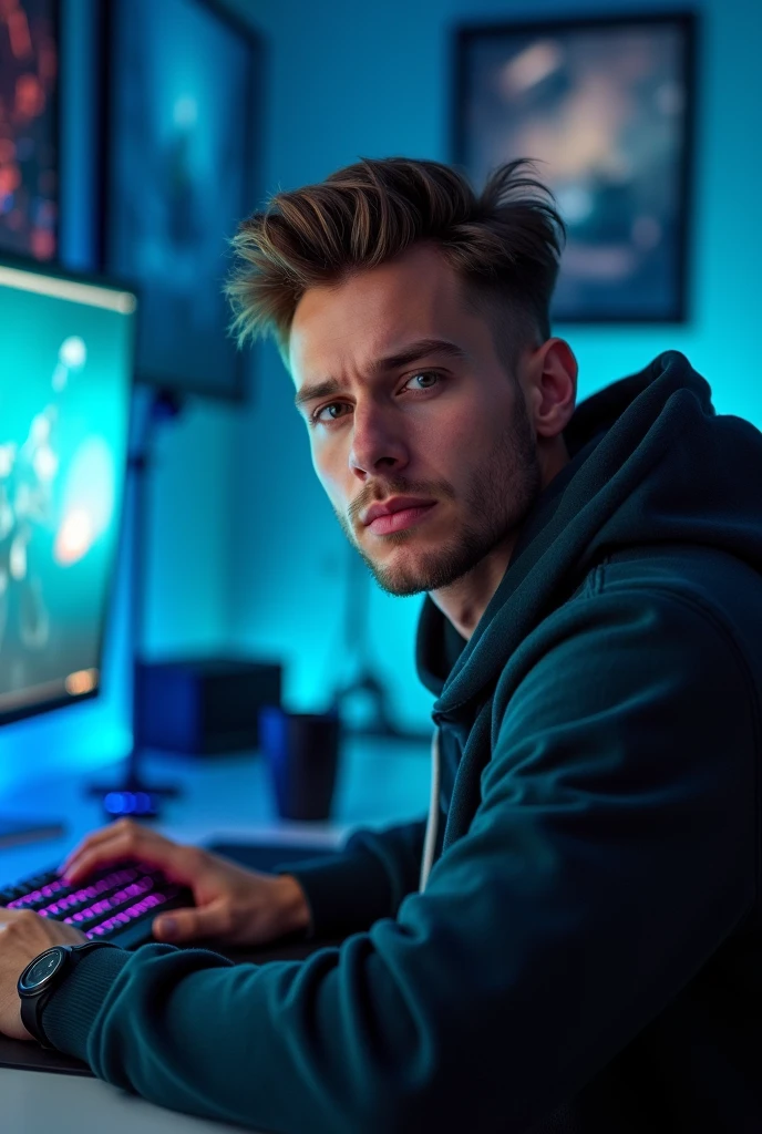 A handsome 2 young man is looking directly at the camera from a frontal perspective in a dark gaming room. The environment is illuminated by soft blue LED lights, casting a cool glow around him. He is sitting at a sleek gaming desk filled with high-tech equipment, including a gaming monitor, keyboard, and mouse. The background features various gaming posters and futuristic decor, enhancing the immersive atmosphere of the space. His expression is focused and engaged, reflecting the intensity of his gaming experience.