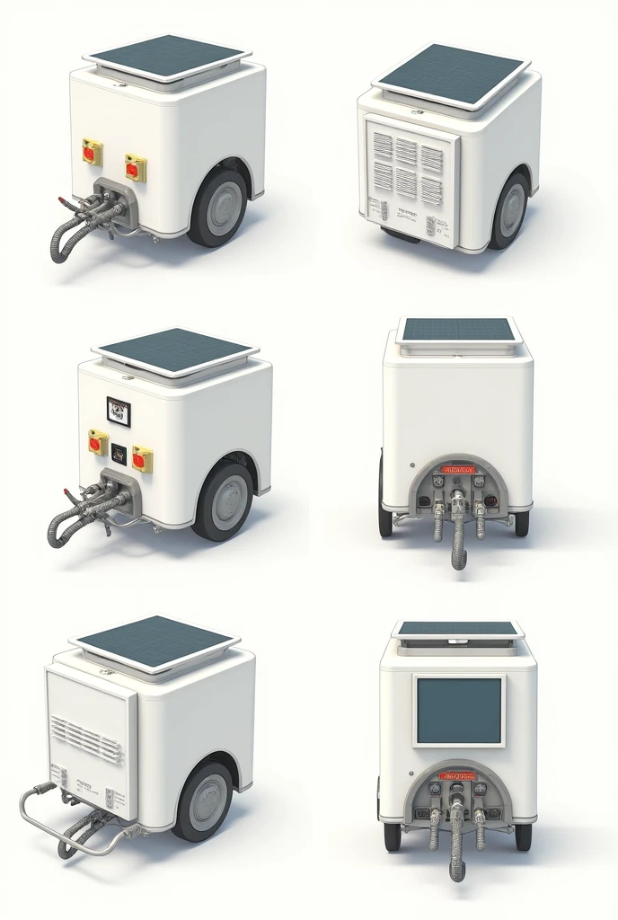 illustration of solar-powered pesticide sprayers with front view, top view, left side view, right side view, back view, upper left view