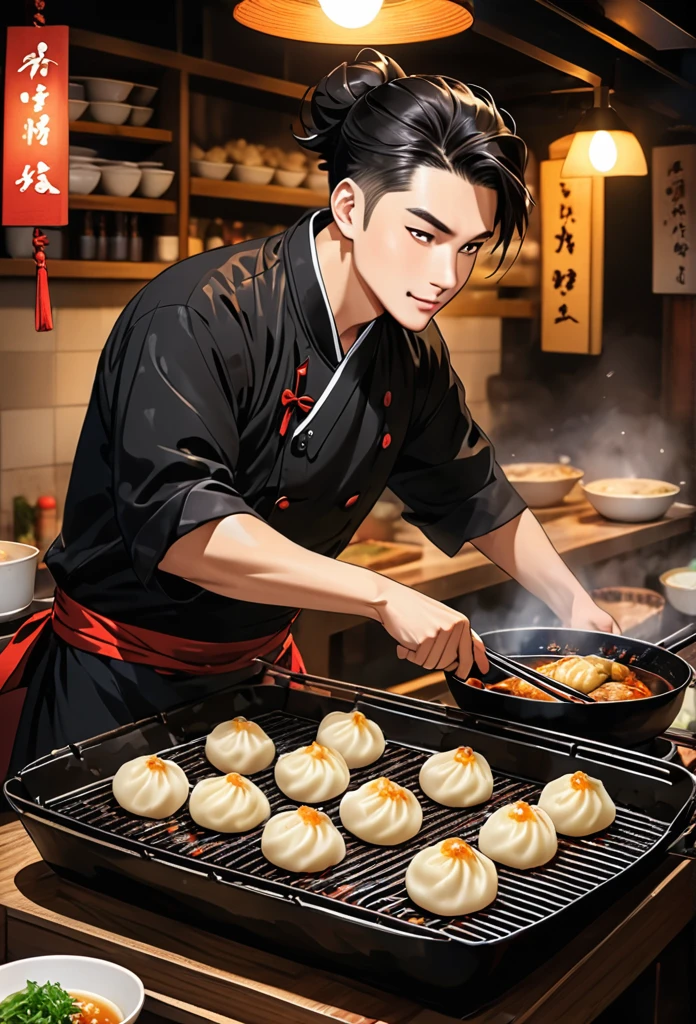 One man with a sturdy build、Asymmetrical hairstyle、The dumplings are cooked beautifully、The food is grilled facing the slightly dark bar counter.