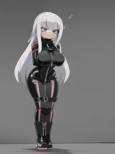 White messy long hair, assasin girl, adult, perfect shape, gorgeous hips,big breast, distressed, backing up from the viewer, cornered, looking away in distress, big shiny black leather boots, arms behind the back, glare, hatred, disgust, perfect body, [[[[[[[[skin tight pink latex packing tape mummification bondage]]]]]]]], closed legs, laying down squirming, full body zipper sleepsack bondage