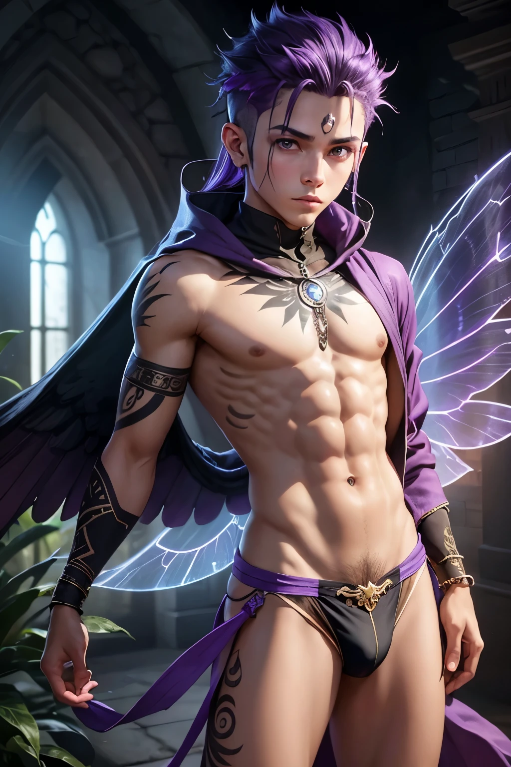1boy, young male, , fairy, innocent face, cute face, youthful face, tanned skin, tribal, tribal tattoo, black eyes, fairy wings, black fairy wings, long hair, undercut, hair half shaved, purple hair, thin body, muscular, short, sexy, skimpy, jockstrap, shadow magic, light magic, shadow energy, light energy, necromancer, monk, monk outfit