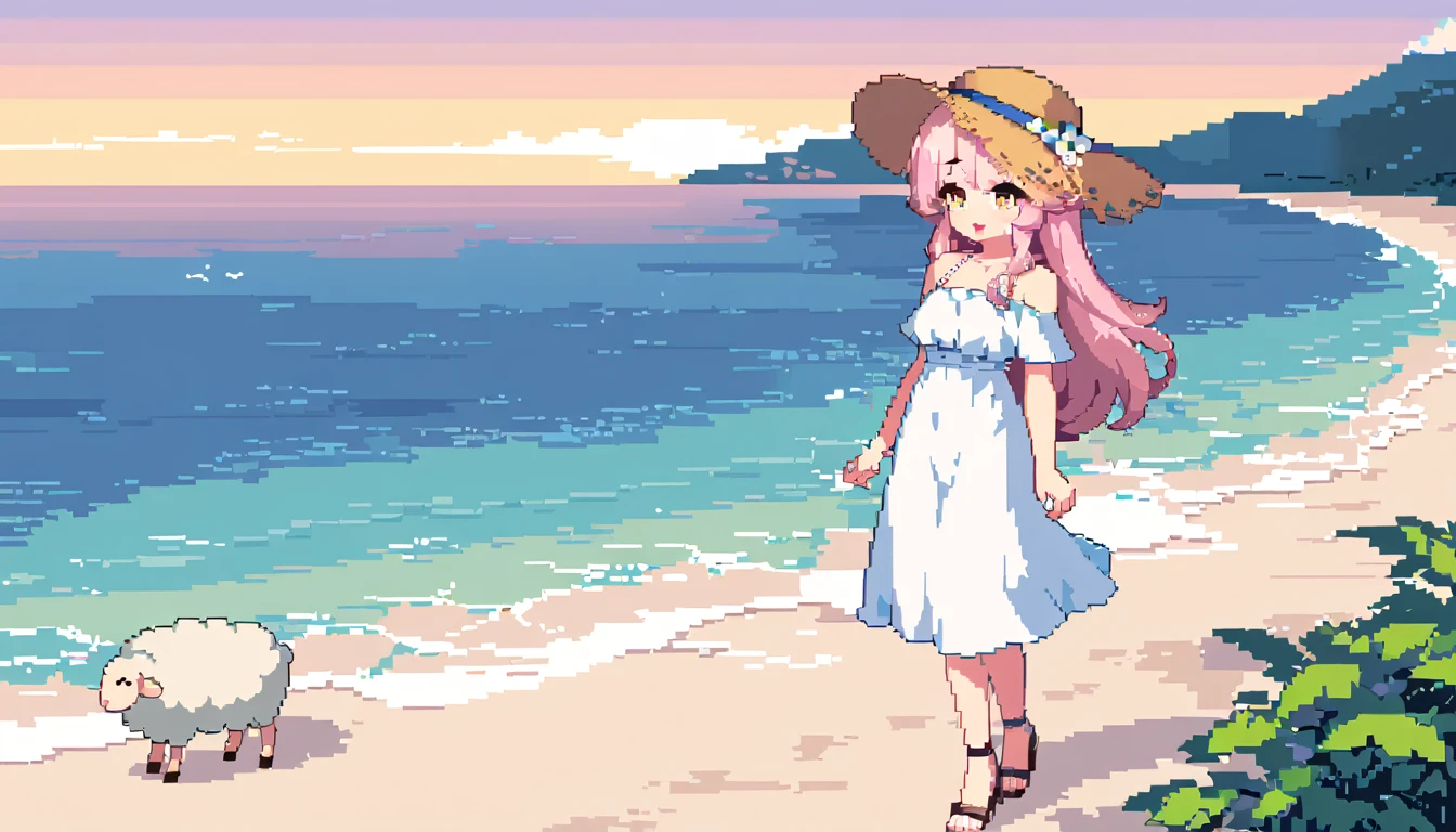masterpiece, Highest quality, 8k, Pixel art, Pixel art, Vivid, \((One person, Sheep)), (young woman, Open your mouth, Fluffy hair, Long Hair, sheepの毛のような髪, Pink Hair, eyebrow, 太いeyebrow, White dress, Straw hat, High heel sandals\), (Highest quality:1.0), (\Seaside, Sandy Beach, evening\), sheep