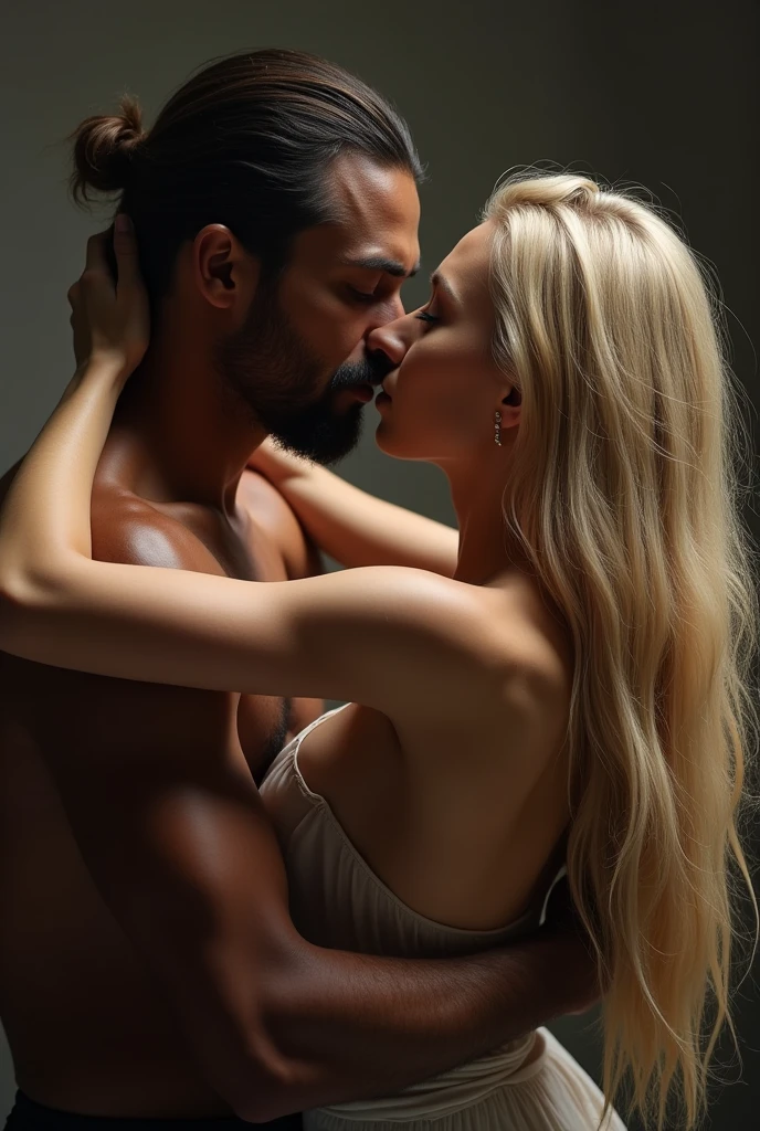 realistic photo, well detailed photo, man with beard and receding hair, the man has dark skin, beautiful woman, blonde woman, the man holds the woman passionately by the neck, the woman has her back to the man,