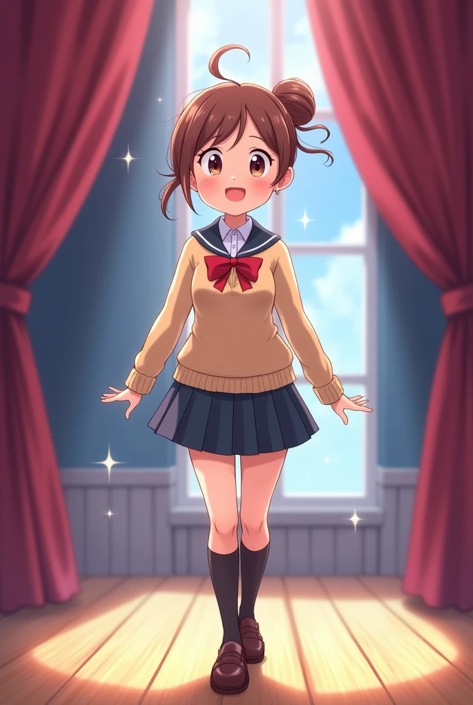 masterpiece, maple pines, Brown hair, long hair, hair band, flat chest, smile, Braces, Sweater, skirt, shoes, star print, hands on hips, in room, panties, pantyshot