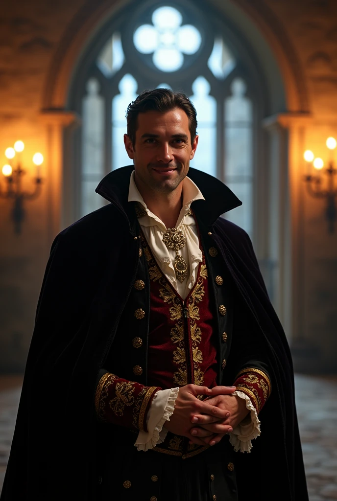 Vampire man, 30 years, dark, happy, middle ages