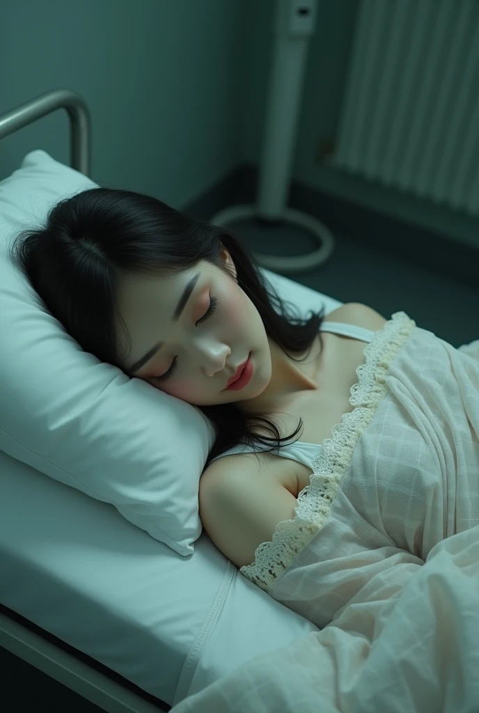 A beautiful girl in white check saree sleeping in a morgue bed