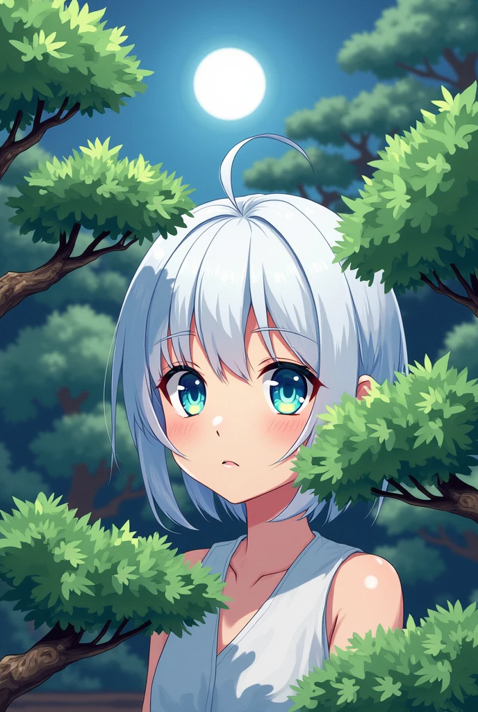 anime style, young adult woman, with blue right eye and green left eye, short white hair. 
In a Japanese garden.
Behind a bonsai tree.
with the moon in the background.