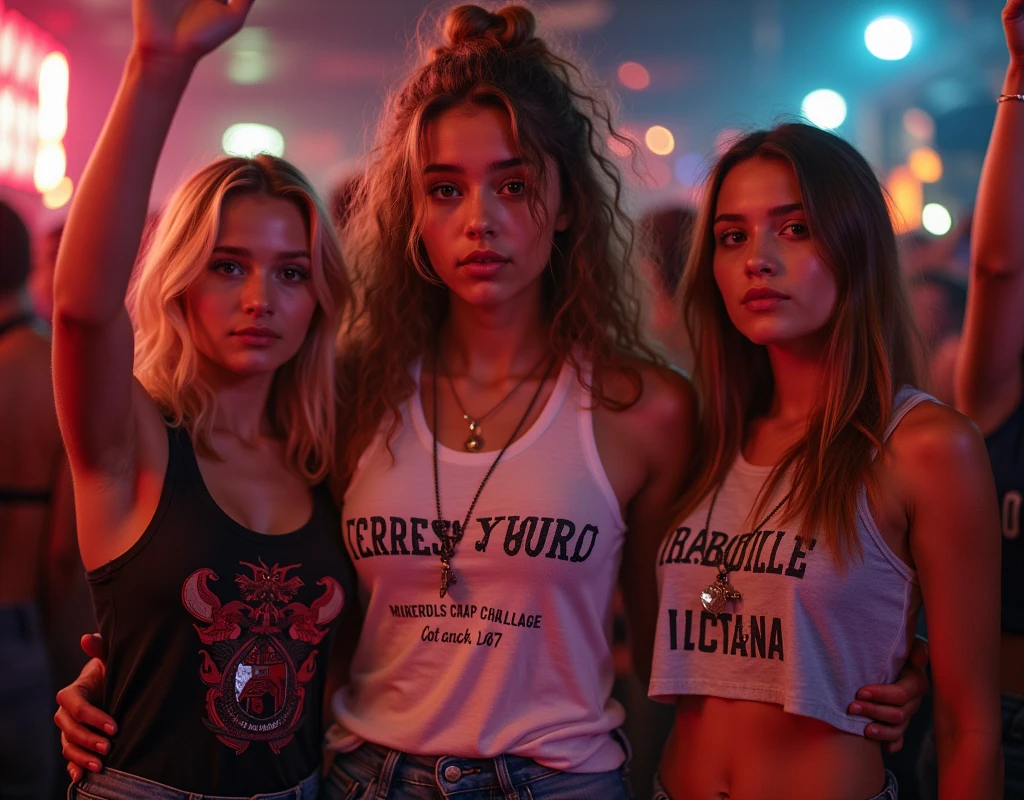 Photos of girls wearing skater fashion. Everyone is wearing a tank top. They are standing side by side, one person raising their hand. I'm in a party mood and the tension is rising