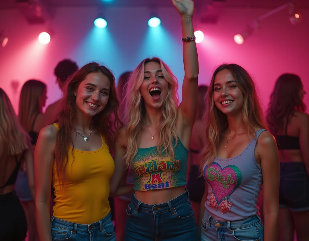 Photos of teenage girls wearing skater fashion. Everyone is wearing a tank top. They are standing side by side, one person raising their hand. I'm in a party mood and the tension is rising