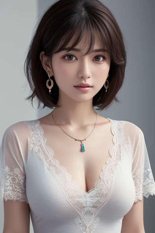 Highest quality, Ultra-high resolution, (Realistic:1.4), 1 person, (Urzan-6500:1.0),Mia Nanasawa (T-Shirts:1.4), Dark short hair, Simple Earrings, Intricate lace hair ornament,low length,Necklace on the chest,slim,Big Breasts,whole body