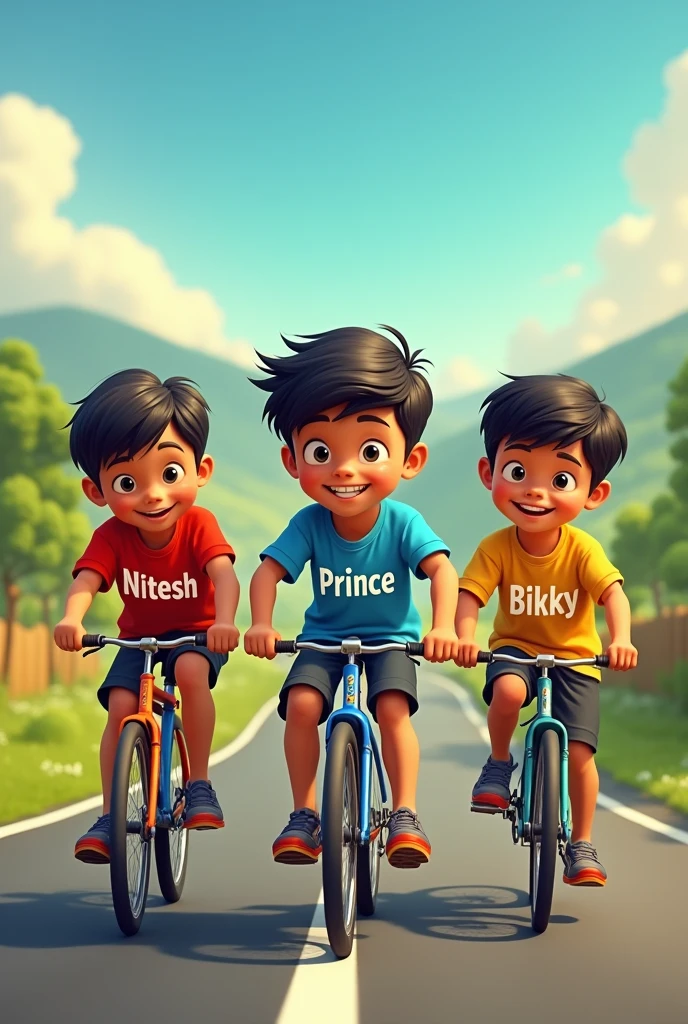 Create an image of three boys cycling in the road and also write a name,"Nitesh" "Prince"and " Bikky" in their t-shirt another one 