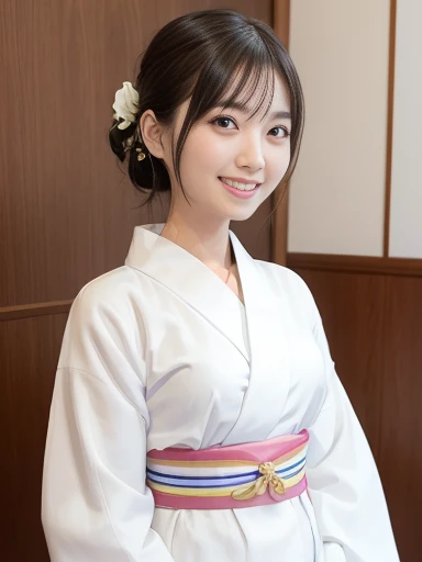 Japanese female, (underweight), (medium bust best quality:1.5), 30 years old, (cheerful grin:1.3),((white yukata)), full body shot:1.6