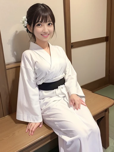Japanese female, (underweight), (medium bust best quality:1.5), 30 years old, (cheerful grin:1.3),((white yukata)), full body shot:1.6